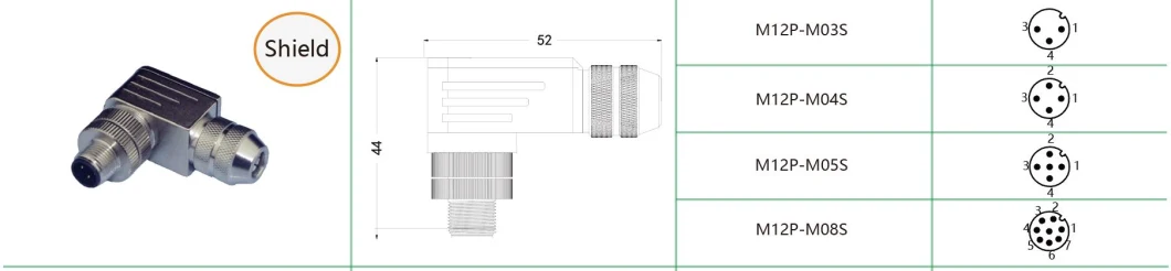 M12 Sensor Connector 4 Pin Male Right Angle with Shield